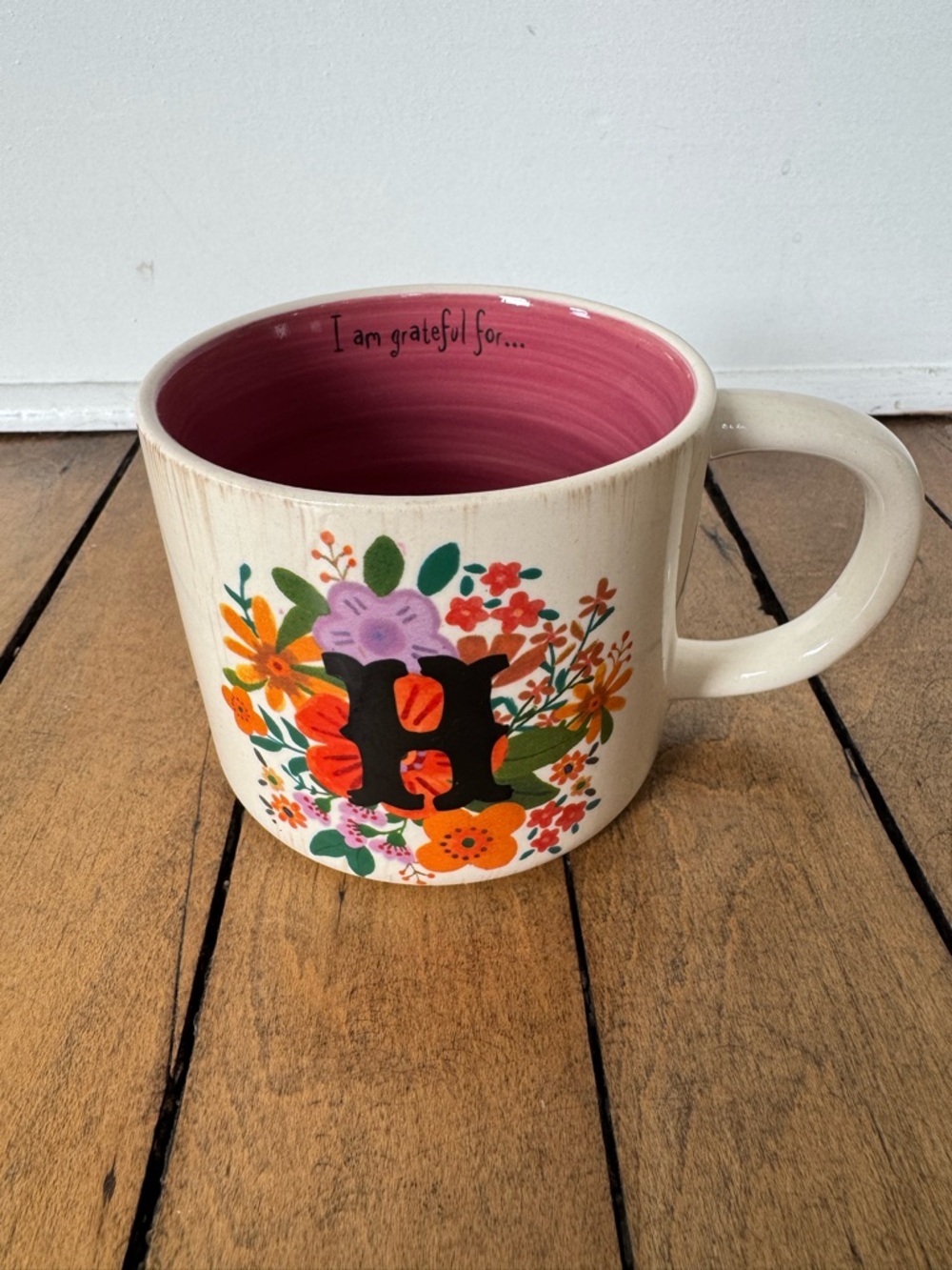 Natural Life I am Grateful For Floral Initial H Monogram Mug